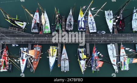 ©PHOTOPQR/OUEST FRANCE/Thomas Bregardis ; Les Sables d'Olonne ; 18/10/2020 ; VendÃ©e-Globe 2020. Le ponton VendÃ©e-Globe, vu du drone. Photo: Thomas Bregardis / Ouest-France  Stock Photo