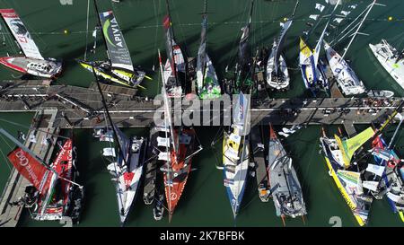 ©PHOTOPQR/OUEST FRANCE/Thomas Bregardis ; Les Sables d'Olonne ; 18/10/2020 ; VendÃ©e-Globe 2020 Le pontons du VendÃ©e-Globe vu du drone. Photo: Thomas Bregardis / Ouest-France  Stock Photo