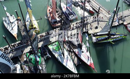 ©PHOTOPQR/OUEST FRANCE/Thomas Bregardis ; Les Sables d'Olonne ; 18/10/2020 ; VendÃ©e-Globe 2020 Le pontons du VendÃ©e-Globe vu du drone. Photo: Thomas Bregardis / Ouest-France  Stock Photo