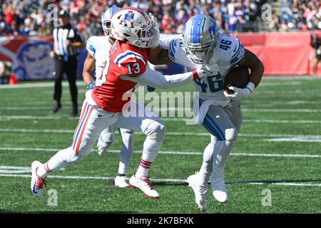 New England Patriots cornerback Jack Jones during an NFL football game  against the Detroit Lions at Gillette Stadium, Sunday, Oct. 9, 2022 in  Foxborough, Mass. (Winslow Townson/AP Images for Panini Stock Photo 