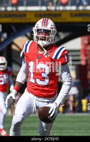 New England Patriots cornerback Jack Jones (13) at the line of