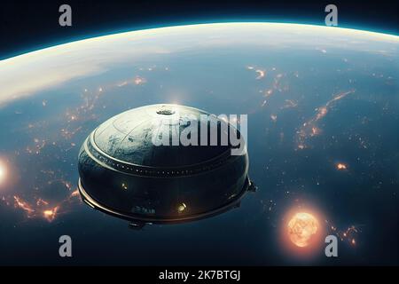 Alien spaceship in space. UFO, unidentified flying object, high up in the sky. Concept of alien invasion and extraterrestrial life. Stock Photo