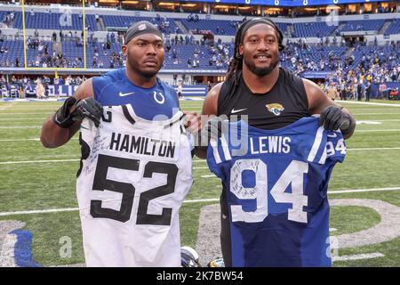 October 16, 2022: Indianapolis Colts defensive lineman Tyquan Lewis (94)  reacts to sacking the quarterback during NFL football game action between  the Jacksonville Jaguars and the Indianapolis Colts at Lucas Oil Stadium