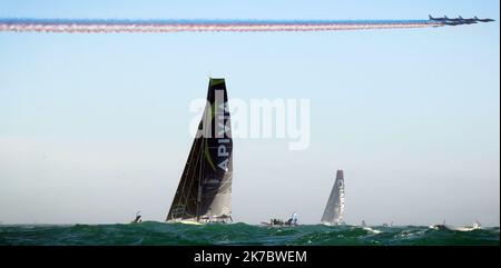 Competitors take the start of the solo round-the-world Vendee Globe yachting race on November 8, 2020 off the western-France coasts of Les Sables-d'Olonne Stock Photo