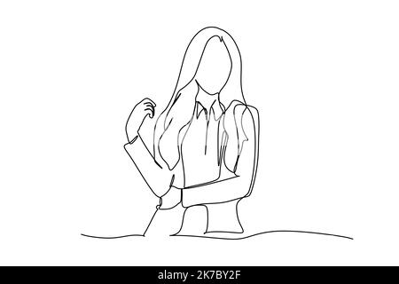 Single one line drawing smiling attractive business woman in her office standing with confident. Female enjoying work from home office. Continuous lin Stock Vector