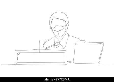 single line drawing of a woman sitting in front of notebook. vector illustration Stock Vector