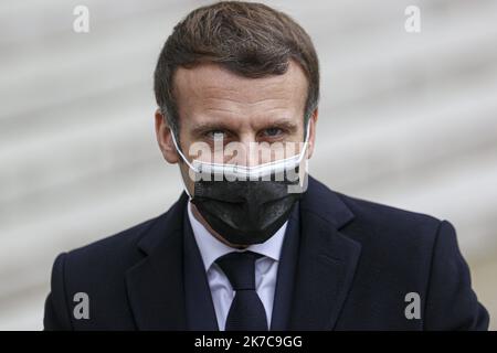 ©Sebastien Muylaert/MAXPPP - French President Emmanuel Macron addresses the press upon the arrival of Portuguese Prime minister for a working lunch at the Elysee presidential palace in Paris. 16.12.2020 Stock Photo