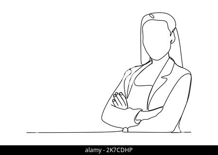 Single one line drawing businesswoman executive manager in keeping arms crossed. Female standing with folded arm Stock Vector