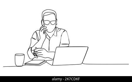 Businessman working in front of laptop and calling his colleague. Continuous one line drawing Stock Vector