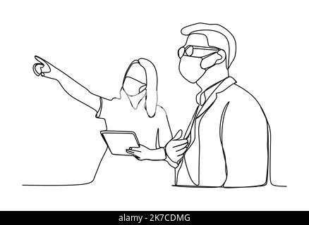 Businesswoman explain about something to the man. They are wearing the face protective mask. Continuous one line drawing Stock Vector