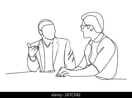 Two businessmen sitting and discussing business matters. Business executives working in their office. - Continuous one line drawing Stock Vector