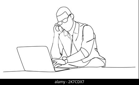 Busy young in front of laptop, making notes in notebook and talking to client on the phone - Continuous one line drawing Stock Vector