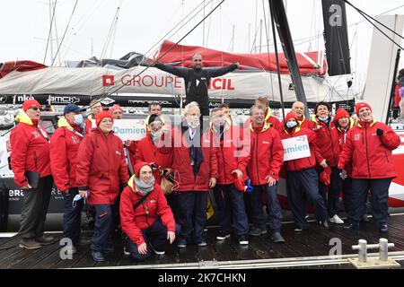 ©PHOTOPQR/OUEST FRANCE/Thomas Brégardis ; Les Sables d'Olonne ; 28/01/2021 ; Vendée-Globe 2020-2021 L'arrivée de l'italien Giancarlo Pedote Photo: Thomas Brégardis / Ouest-France - The ninth edition of the Vendée Globe.  Stock Photo