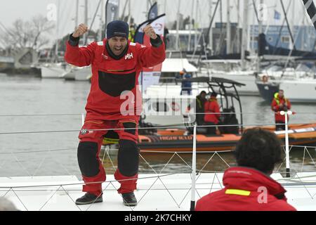 ©PHOTOPQR/OUEST FRANCE/Thomas Brégardis ; Les Sables d'Olonne ; 28/01/2021 ; Vendée-Globe 2020-2021 L'arrivée de l'italien Giancarlo Pedote Photo: Thomas Brégardis / Ouest-France - The ninth edition of the Vendée Globe.  Stock Photo