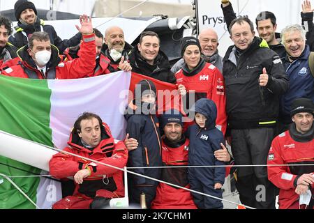 ©PHOTOPQR/OUEST FRANCE/Thomas Brégardis ; Les Sables d'Olonne ; 28/01/2021 ; Vendée-Globe 2020-2021 L'arrivée de l'italien Giancarlo Pedote Photo: Thomas Brégardis / Ouest-France - The ninth edition of the Vendée Globe.  Stock Photo