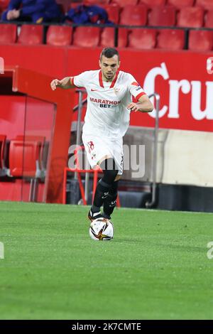 ©Laurent Lairys/MAXPPP - Sergio Escudero of FC Seville during the Spanish Cup, Copa del Rey, semi final, 1st leg football match between FC Sevilla and FC Barcelona on February 10, 2021 at Sanchez Pizjuan stadium in Sevilla, Spain - Photo Laurent Lairys / MAXPPP Stock Photo