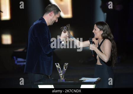 ©FRANCK CASTEL/MAXPPP - 36e edition des VICTOIRES DE LA MUSIQUE. Pour sa 36eme edition, la ceremonie des Victoires de la musique se tiendra a la Seine Musicale de Boulogne Billancourt, sans public. BOULOGNE BILLANCOURT, FRANCE FEBRUARY 12 fevrier 2021. Grand Corps malade; Camille Lellouche at 36th Victoires de la Musique held at La Seine Musicale in Bolougne Billancourt on February 12, 2021 france Stock Photo