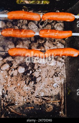 Sausages close-up on the grill on fire, against the background of smoke. Meat and snacks, food and fast food Stock Photo