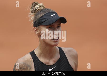 ©Sebastien Muylaert/MAXPPP - Polona Hercog of Slovenia reacts during her women's second round match against Caroline Garcia of France during day four of the 2021 French Open at Roland Garros in Paris, France. 02.06.2021 Stock Photo