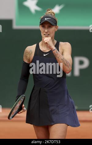 ©Sebastien Muylaert/MAXPPP - Polona Hercog of Slovenia reacts during her women's second round match against Caroline Garcia of France during day four of the 2021 French Open at Roland Garros in Paris, France. 02.06.2021 Stock Photo