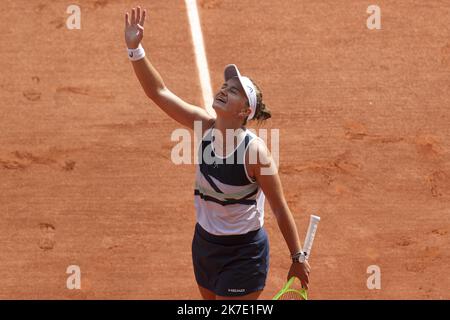 ©Sebastien Muylaert/MAXPPP - Match Winner Barbora Krejcikova of Czech Republic celebrates match point after the Women’s final on day fourteen of the 2021 French Open at Roland Garros in Paris, France. 12.06.2021 Stock Photo