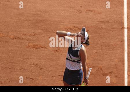 ©Sebastien Muylaert/MAXPPP - Match Winner Barbora Krejcikova of Czech Republic celebrates match point after the Women’s final on day fourteen of the 2021 French Open at Roland Garros in Paris, France. 12.06.2021 Stock Photo