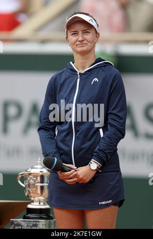 ©Sebastien Muylaert/MAXPPP - Match Winner Barbora Krejcikova of Czech Republic after the Women’s final on day fourteen of the 2021 French Open at Roland Garros in Paris, France. 12.06.2021 Stock Photo