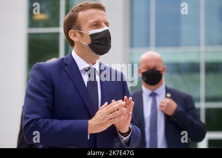 ©PHOTOPQR/VOIX DU NORD/Johan BEN AZZOUZ ; 20/06/2021 ; VOTE MACRON ELECTIONS DU 20 JUIN 2021 vote emmanuel macron au Touquet. President Emmanuel Macron votes in regional elections in France  Stock Photo