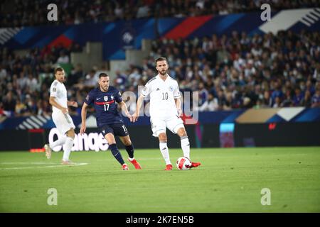 ©PHOTOPQR/LE PARISIEN/Arnaud Journois ; STRASBOURG ; ; FOOTBALL , MATCH DE QUALIFICATION POUR LA COUPE DU MONDE FIFA QATAR 2022 , 01/09/2021, STRASBOURG , STADE DE LA MEINAU / FRANCE - BOSNIE HERZEGOVINE / Jordan Veretout Pjanic - Sept 1st 2021. France vs. Bosnia: World Cup qualifiers  Stock Photo