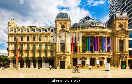 View of Flemish Opera house in Antwerp with colorful columns, Belgium Stock Photo