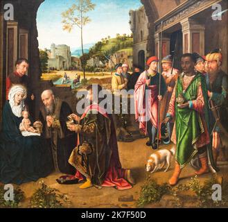 ©Active Museu/MAXPPP - ActiveMuseum 0000624.jpg / L'Adoration des Mages, 1520 - Atelier de Gerard David 1520 - / Gerard David / Peinture Active Museum / Le Pictorium Adoration ,Aureola (Religion) ,Early Netherlandish painting ,Gift ,Guard ,Horizontal ,Magi ,Mary (mother of Jesus) ,Religion ,Religious ,Bethlehem ,Galileo Galilei ,Israel ,Judea ,Middle East ,Nazareth ,Balthazar ,Caspard ,Jesus Christ ,Joseph (Jesus's father) ,Melchior ,16th century ,Gerard David ,Painting ,  Stock Photo