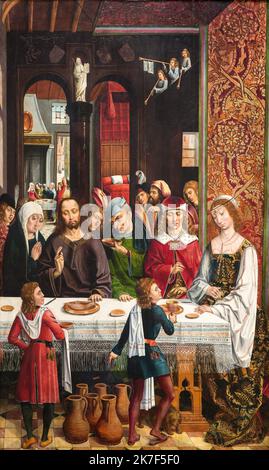 ©Active Museu/MAXPPP - ActiveMuseum 0000886.jpg / Les Noces de Cana, 1495 - Le Maitre des Rois Catholiques - The Marriage at Cana 1495 - / Maitre des Rois Catholique / Les Noces de Cana, 1495 - Le Maitre des Rois Catholiques - The Marriage at Cana Active Museum / Le Pictorium banquet ,Celebration meal ,Meal ,miracle ,Pitcher ,Servant ,Serve (to) ,Table ,Tapestry ,Transformation ,Trumpet ,Vertical ,Water ,Wedding party ,Wine ,Jesus Christ ,XVth century ,Master of the Catholic Kings ,? Les Noces de Cana ,1495 - Le Maitre des Rois Catholiques - The Marriage at C ? ,  Stock Photo