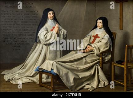 ©Active Museu/MAXPPP - ActiveMuseum 0001623.jpg / La Mere Catherine-Agnes Arnauld, et la soeur Catherine de Sainte Suzanne Champaigne, fille de l'artiste, dit Ex-voto religieuse au couvent de Port-Royal de Paris de 1662 - Philippe de Champaigne 1662 - / Philippe de Champaigne / Peinture Active Museum / Le Pictorium Artist ,Catholic religion ,Chair ,Christian religion ,Church ,Convent ,Girl ,Hand clasped ,Healing () ,Horizontal ,Lying down ,miracle ,Miraculous ,Nun ,Pray (to) ,To kneel ,Vestment ,Woman ,Catherine de Sainte Suzanne de Champaigne ,Mother Catherine-Agnes Arnauld ,Port-Royal Conve Stock Photo