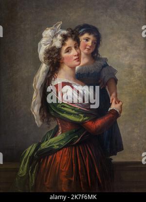 ©Active Museu/MAXPPP - ActiveMuseum 0001670.jpg / Madame Rousseau et sa Fille, 1789 - Elisabeth-Louise Vigee-Le-Brun Huile sur toile 1789 - / Elisabeth-Louise Vigee-Le-Brun / Peinture Active Museum / Le Pictorium Blue ,Clear eyes ,Dress ,Green ,Hand ,Hand in hand ,Little Girl ,Mother and daughter ,Painting ,Portrait ,Profile ,Red ,Scarf ,Vertical ,Waist ,Wife ,Madame Rousseau ,18th century ,Elisabeth-Louise Vigee-Lebrun ,  Stock Photo