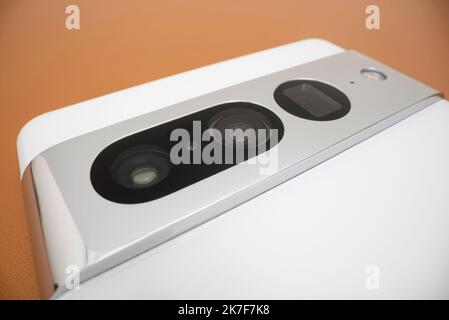 Close-up view of cameras of a phone, shot with macro probe lens Stock Photo