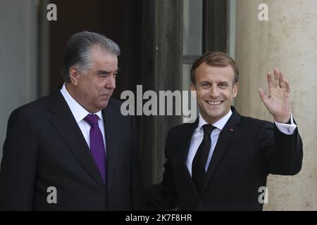 ©Sebastien Muylaert/MAXPPP - French President Emmanuel Macron greets President of Tajikistan Emomali Rahmon at The Elysee Presidential Palace in Paris. 13.10.2021 Stock Photo