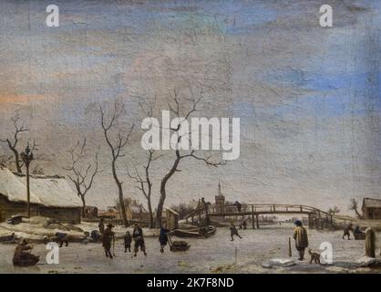 ©Active Museu/MAXPPP - ActiveMuseum 0001959.jpg / Canal (ou riviere) gele avec patineurs de hockey, 1668 - Adriaen van de Velde 1668 - / Adriaen van de Velde / Peinture Active Museum / Le Pictorium Bridge ,Canal ,Cold ,Freeze-up ,Group ,Hockey ,Horizontal ,Horse ,Ice skate ,Man ,Mounted horse ,River (small) ,Skater ,Skating rink ,Small boat ,Snow ,Winter ,Amsterdam ,Europe ,Netherlands (the) ,Western Europe ,17th century ,Adriaen van de Velde ,Painting ,  Stock Photo