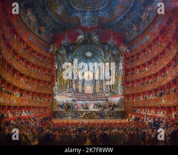 ©Active Museu/MAXPPP - ActiveMuseum 0002184.jpg / Fete musicale donnee par le Cardinal de la Rochefoucauld au Theatre Argentina de Rome en 1747 a l'occasion du mariage du Dauphin, fils de Louis XV 1747 - / Giovanni Paolo Panini / Peinture Active Museum / Le Pictorium Box (theater) ,Ceiling light ,Celebration (party) ,Dome ,Horizontal ,Musical ,Stage (entertainment) ,Theater (place) ,Theater (Show) ,Europe ,Italy ,Rome ,Western Europe ,18th century ,Giovanni Paolo Panini ,Painting ,  Stock Photo