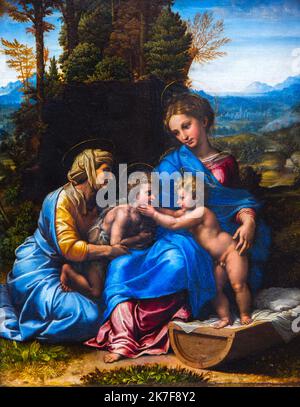 ©Active Museu/MAXPPP - ActiveMuseum 0002213.jpg / La Vierge a l'Enfant, sainte Elisabeth et Saint Jean enfant, dite La Petite Sainte Famille 1515 - / Giulio Pippi, dit Giulio Romano / Peinture Active Museum / Le Pictorium Blue ,Catholic (adj and noun) ,Catholic religion ,Catholicism ,Christian ,Christian religion ,Christianity (religion) ,Figurative painting ,Holy Family ,Jesus (infant) ,Jesus Christ ,Mary (mother of Jesus) ,Religion ,Religious ,Saint Elisabeth ,St. Jean ,Vertical ,Virgin and Child ,16th century ,Giulio Romano ,Painting ,  Stock Photo