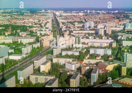 Karl Marx East Berlin avenue and communist era buildings from above, Germany Stock Photo