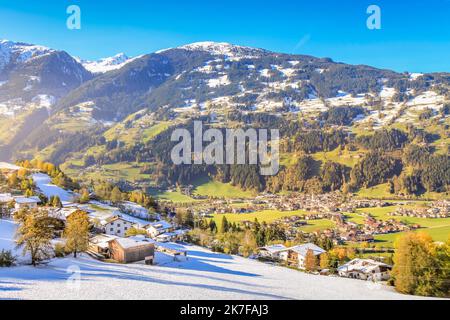 Above Zell am Ziller in Zillertal area at sunny autumn, Austria Stock Photo