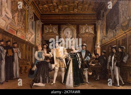 ©Active Museu/MAXPPP - ActiveMuseum 0005749.jpg / Francois Ier confere au Rosso les titres et les benefices de l'abbaye de Saint-Martin (Francois Ier Roi mecene), ici il recompense le peintre Rosso dans la galerie du chateau de Fontainebleau. C'est une toile de style 'troubadour' tres en vogue au 19eme siecle. Francois Ier rassemble de nombreuses toiles de maitres italiens tel que Le Titien, Raphael ou De Vinci et en fait une grande collection, vers le 19eme siecle 1865 - / Isidore Patrois / Peinture Active Museum / Le Pictorium Back-view ,Black woman() ,Castle ,Ceremonial costume ,Clothing , Stock Photo