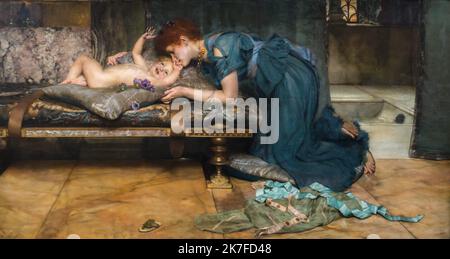 ©Active Museu/MAXPPP - ActiveMuseum 0006578.jpg / Paradis terrestre 1891 - / Lawrence Alma-Tadema / Peinture Active Museum / Le Pictorium Baby ,Blue dress ,Cheek ,Flower ,Horizontal ,Inside view ,Kneeling woman ,Laugh (to) ,Sofa ,Woman and child ,19th century ,Lawrence Alma-Tadema ,Painting ,  Stock Photo