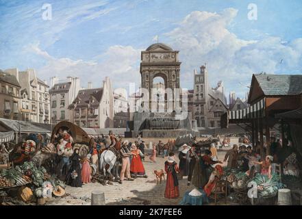 ©Active Museu/MAXPPP - ActiveMuseum 0006754.jpg / Le marche et la fontaine des innocents 1822 - / John James Chalon / Peinture Active Museum / Le Pictorium ? Toits ? ,Arch ,Bird ,Blue sky ,Carriage ,Crowd ,Food ,Horizontal ,Horse-drawn carriage ,Horses ,House ,Market (commerce) ,People ,Stray dog ,Vegetable ,Water ,Water fountain ,19th century ,John James Chalon ,Painting ,  Stock Photo