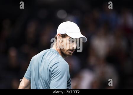 Alexis Sciard / IP3; Paris, France, November 1st, 2021 - Andy Murray reacts during his first round match against Dominik Koepfer at the Rolex Paris Masters tennis tournament. Stock Photo
