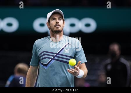 Alexis Sciard / IP3; Paris, France, November 1st, 2021 - Andy Murray reacts during his first round match against Dominik Koepfer at the Rolex Paris Masters tennis tournament. Stock Photo