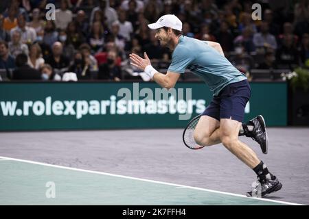 Alexis Sciard / IP3; Paris, France, November 1st, 2021 - Andy Murray in action during his first round match against Dominik Koepfer at the Rolex Paris Masters tennis tournament. Stock Photo