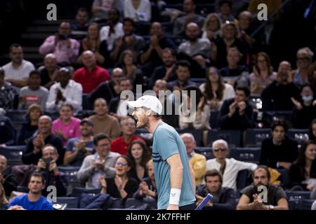 Alexis Sciard / IP3; Paris, France, November 1st, 2021 - Andy Murray reacts during his first round match against Dominik Koepfer at the Rolex Paris Masters tennis tournament. Stock Photo