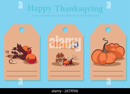 Collection of thanksgiving gift tags with lettering, turkey, pumpkins, autumn leaves, pilgrim hat Stock Vector