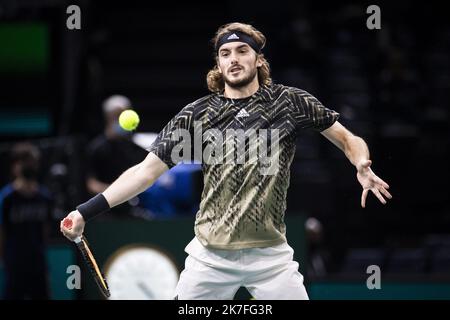 Alexis Sciard / IP3; Paris, France, November 3, 2021 - Stefanos Tsitsipas of Greece in action during his second round match against Alexei Popyrin of Australia at the Rolex Paris Masters tennis tournament. Stock Photo